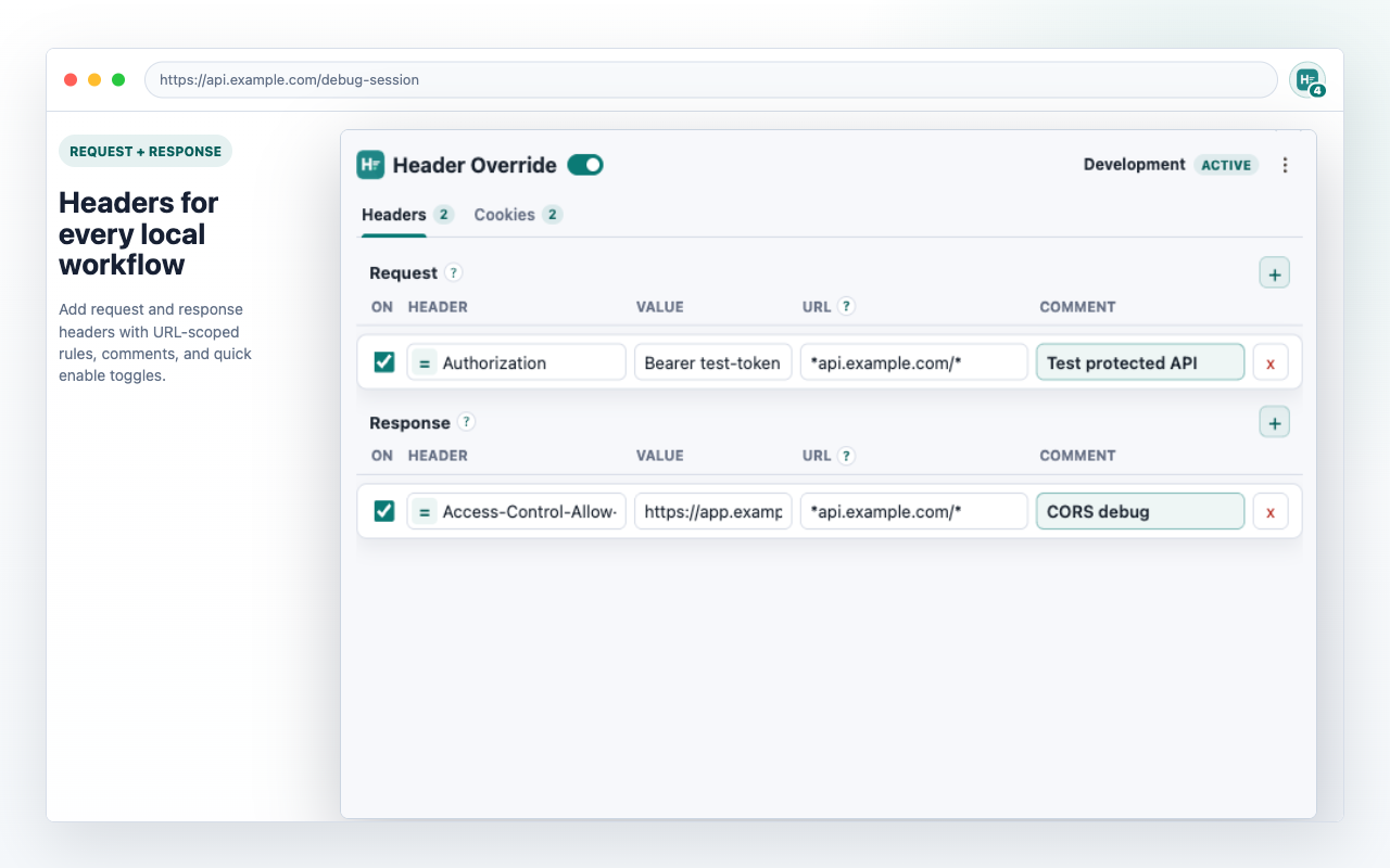 Header Override screenshot showing request header and response header rules in the extension popup